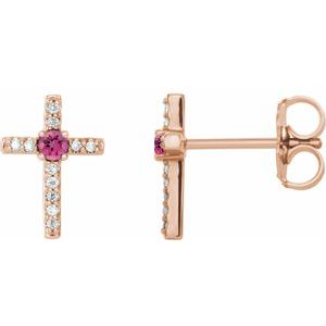 Ladies Natural Pink Tourmaline Natural Diamond Cross Earrings — 14K Rose Gold