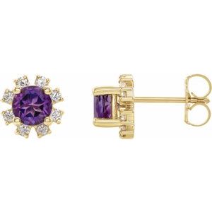 Ladies Natural Amethyst Natural Diamond Earrings — 14K Yellow Gold