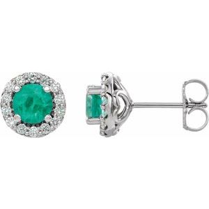 Ladies Natural Emerald Natural Diamond Earrings — 14K White Gold