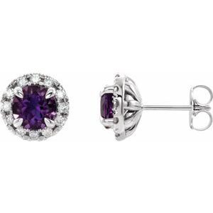 Ladies 4 mm Natural Amethyst Natural Diamond Halo-Style Earrings — Sterling Silver