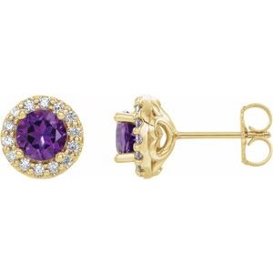 Ladies Natural Amethyst Natural Diamond Earrings — 14K Yellow Gold