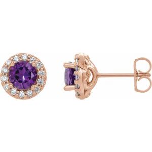 Ladies Natural Amethyst Natural Diamond Earrings — 14K Rose Gold