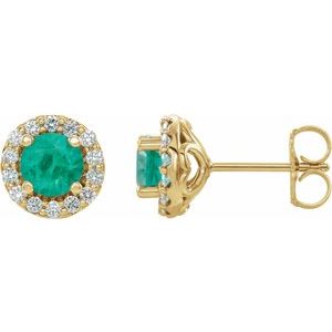 Ladies Natural Emerald Natural Diamond Earrings — 14K Yellow Gold
