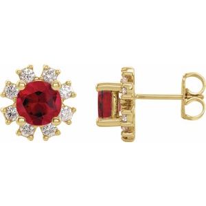 Ladies Natural Ruby Natural Diamond Earrings — 14K Yellow Gold