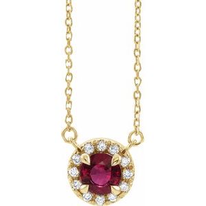 Ladies 3 mm Natural Ruby Natural Diamond Necklace (I1, G-H) — 14K Yellow Gold