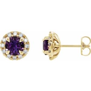 Ladies 4 mm Natural Amethyst Natural Diamond Halo-Style Earrings — 14K Yellow Gold