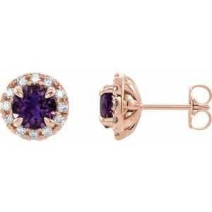 Ladies 4 mm Natural Amethyst Natural Diamond Halo-Style Earrings — 14K Rose Gold