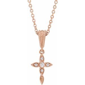 Ladies Natural Diamond Petite Vintage-Inspired Cross Necklace (I1, G-H) — 14K Rose Gold