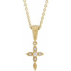 Ladies Natural Diamond Petite Vintage-Inspired Cross Necklace (I1, G-H) — 14K Yellow Gold