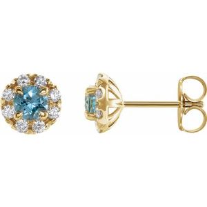 Ladies 4 mm Natural Aquamarine Natural Diamond Halo-Style Earrings — 14K Yellow Gold