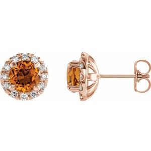 Ladies 4 mm Natural Citrine Natural Diamond Halo-Style Earrings — 14K Rose Gold