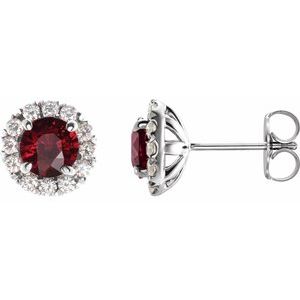 Ladies 4 mm Natural Mozambique Garnet Natural Diamond Halo-Style Earrings — Sterling Silver