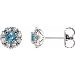 Ladies 4 mm Natural Blue Zircon Natural Diamond Halo-Style Earrings — Sterling Silver