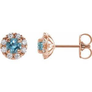 Ladies 4 mm Natural Aquamarine Natural Diamond Halo-Style Earrings — 14K Rose Gold