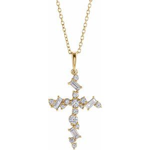 Ladies Natural Diamond Scattered Cross Necklace (Si2-Si3, I1, Ghi, G-H) — 14K Yellow Gold
