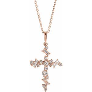 Ladies Natural Diamond Scattered Cross Necklace (Si2-Si3, I1, Ghi, G-H) — 14K Rose Gold