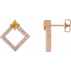 Ladies Natural Citrine Natural Diamond Earrings — 14K Rose Gold