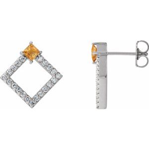 Ladies Natural Citrine Natural Diamond Earrings — Sterling Silver