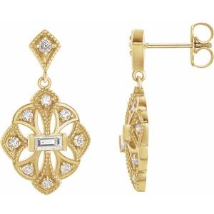 Ladies Natural Diamond Vintage-Inspired Earrings — 14K Yellow Gold