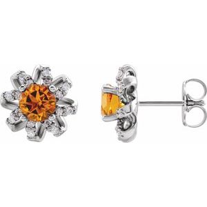 Ladies Natural Citrine Natural Diamond Halo-Style Earrings — Sterling Silver