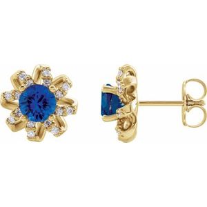 Ladies Natural Blue Sapphire Natural Diamond Halo-Style Earrings — 14K Yellow Gold