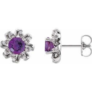 Ladies Natural Amethyst Natural Diamond Halo-Style Earrings — Sterling Silver