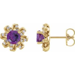 Ladies Natural Amethyst Natural Diamond Halo-Style Earrings — 14K Yellow Gold