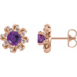 Ladies Natural Amethyst Natural Diamond Halo-Style Earrings — 14K Rose Gold