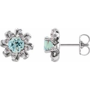 Ladies Natural Aquamarine Natural Diamond Halo-Style Earrings — Sterling Silver