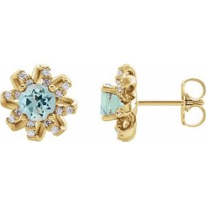 Ladies Natural Aquamarine Natural Diamond Halo-Style Earrings — 14K Yellow Gold