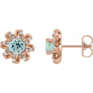 Ladies Natural Aquamarine Natural Diamond Halo-Style Earrings — 14K Rose Gold