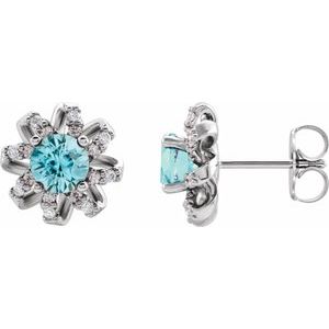 Ladies Natural Blue Zircon Natural Diamond Halo-Style Earrings — Sterling Silver