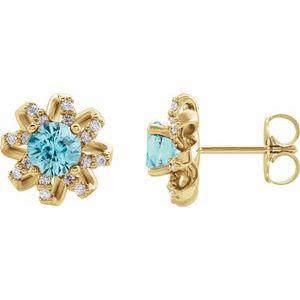 Ladies Natural Blue Zircon Natural Diamond Halo-Style Earrings — 14K Yellow Gold