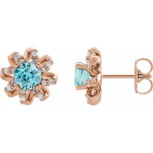 Ladies Natural Blue Zircon Natural Diamond Halo-Style Earrings — 14K Rose Gold