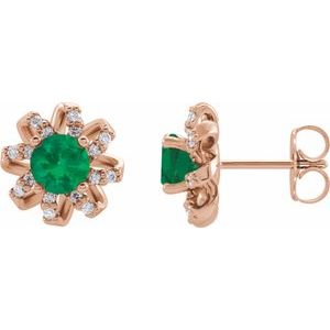 Ladies Natural Emerald Natural Diamond Halo-Style Earrings — 14K Rose Gold