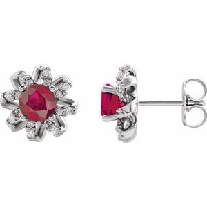 Ladies Natural Ruby Natural Diamond Halo-Style Earrings — Sterling Silver