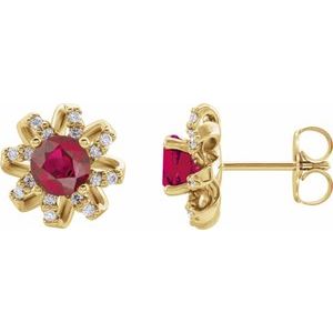 Ladies Natural Ruby Natural Diamond Halo-Style Earrings — 14K Yellow Gold