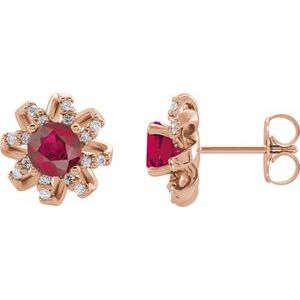 Ladies Natural Ruby Natural Diamond Halo-Style Earrings — 14K Rose Gold
