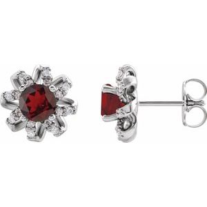 Ladies Natural Mozambique Garnet Natural Diamond Halo-Style Earrings — Sterling Silver