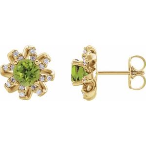 Ladies Natural Peridot Natural Diamond Halo-Style Earrings — 14K Yellow Gold