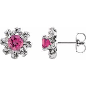 Ladies Natural Pink Tourmaline Natural Diamond Halo-Style Earrings — Sterling Silver