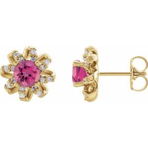 Ladies Natural Pink Tourmaline Natural Diamond Halo-Style Earrings — 14K Yellow Gold