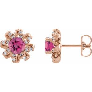Ladies Natural Pink Tourmaline Natural Diamond Halo-Style Earrings — 14K Rose Gold