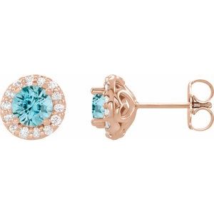 Ladies 4 mm Natural Blue Zircon Natural Diamond Earrings — 14K Rose Gold