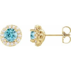 Ladies 4 mm Natural Blue Zircon Natural Diamond Earrings — 14K Yellow Gold