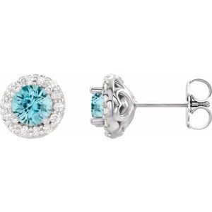 Ladies 4 mm Natural Blue Zircon Natural Diamond Earrings — Sterling Silver