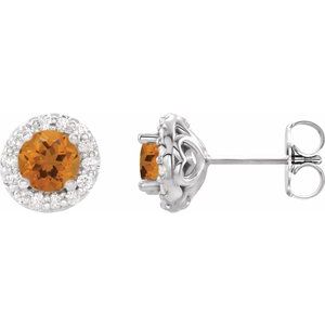 Ladies 4 mm Natural Citrine Natural Diamond Earrings — Sterling Silver