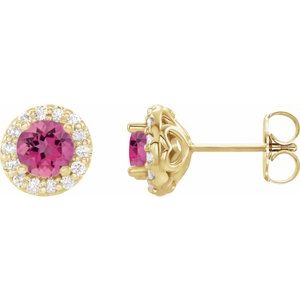 Ladies 4 mm Natural Pink Tourmaline Natural Diamond Earrings — 14K Yellow Gold
