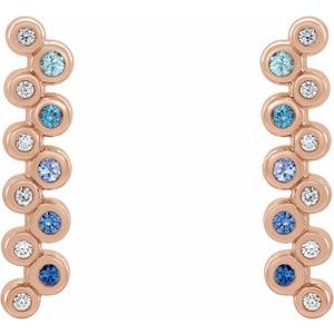 Ladies Natural Blue Multi-Gemstone Natural Diamond Bezel-Set Bar Earrings — 14K Rose Gold