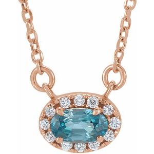 Ladies 5x3 mm Natural Blue Zircon Natural Diamond Necklace (I1, G-H) — 14K Rose Gold